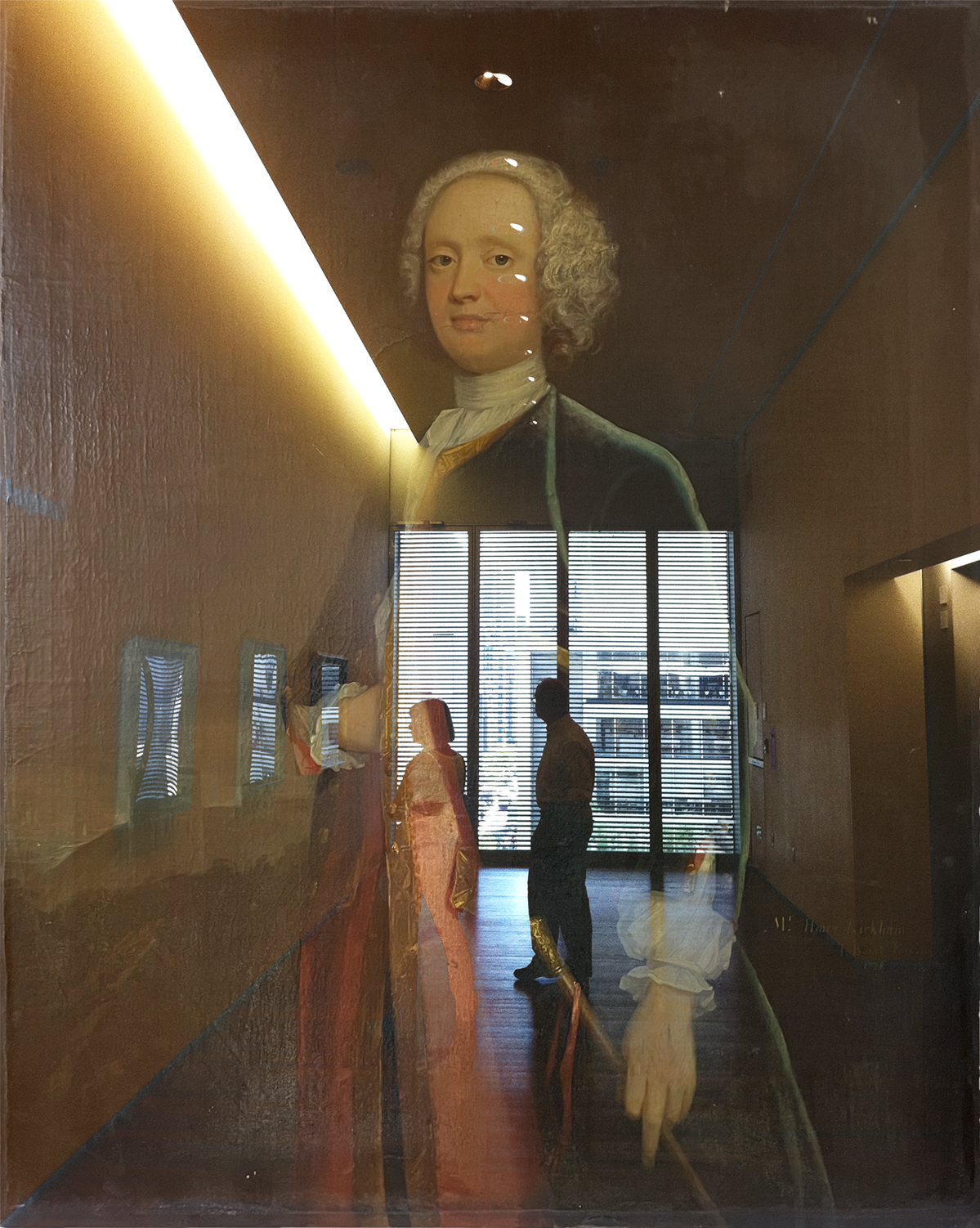 An image of three people in a corridor superimposed over an old painting of a person.