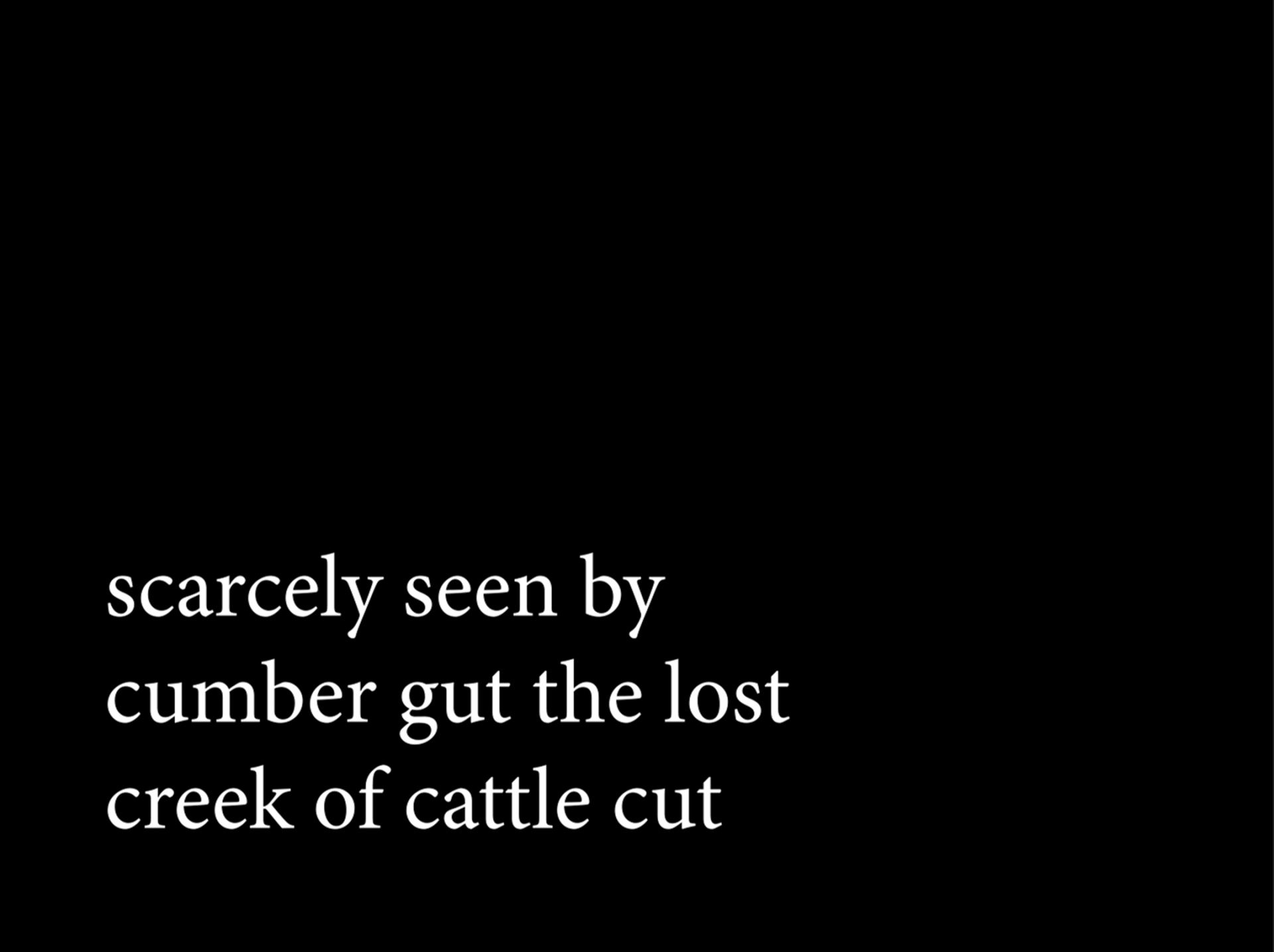 A video still of a black screen with white writing aligned to the bottom left of the frame that says "scarcely seen by cucumber gut the lost creek of cattle cut".