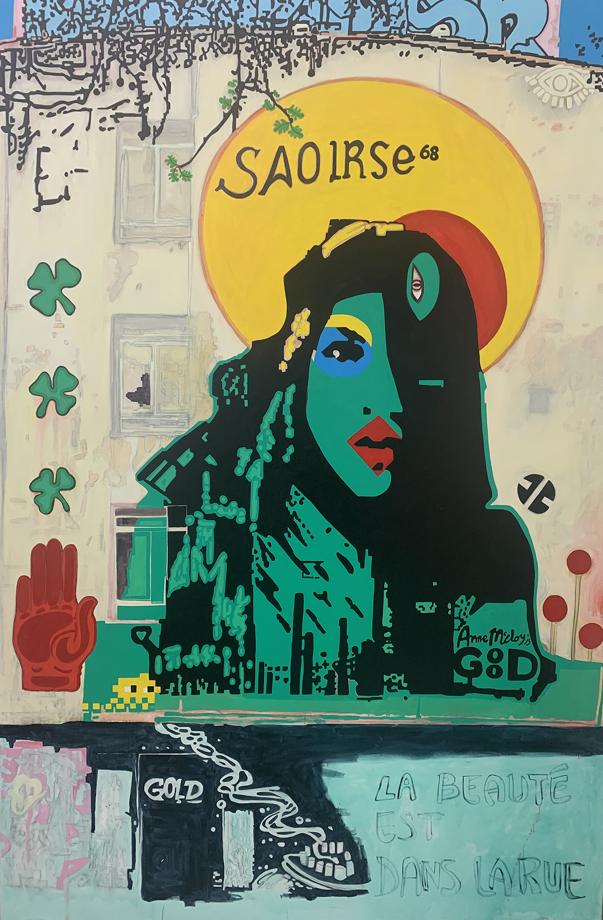 An oil painting featuring Saoirse68 (My Dark Rosaleen) mural from Rivington Street, Shoreditch, London.