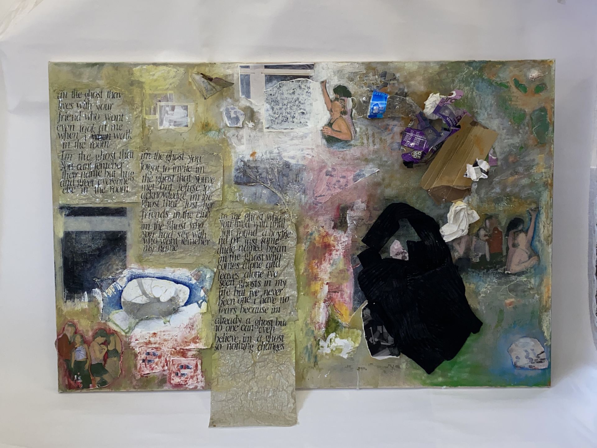 An image of an abstract, collaged painting with written notes.