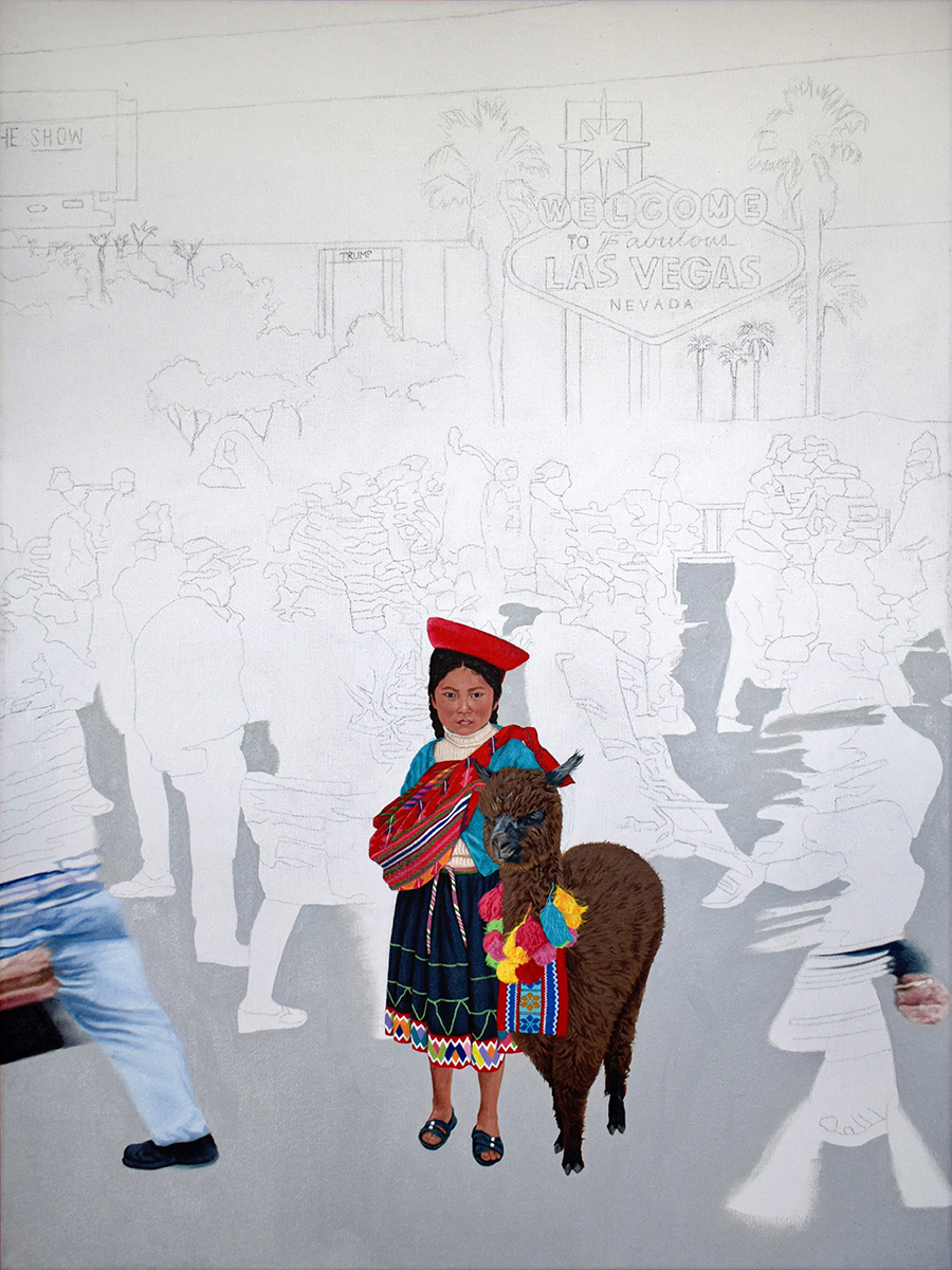 A painting of a person and a llama in a crowd.
