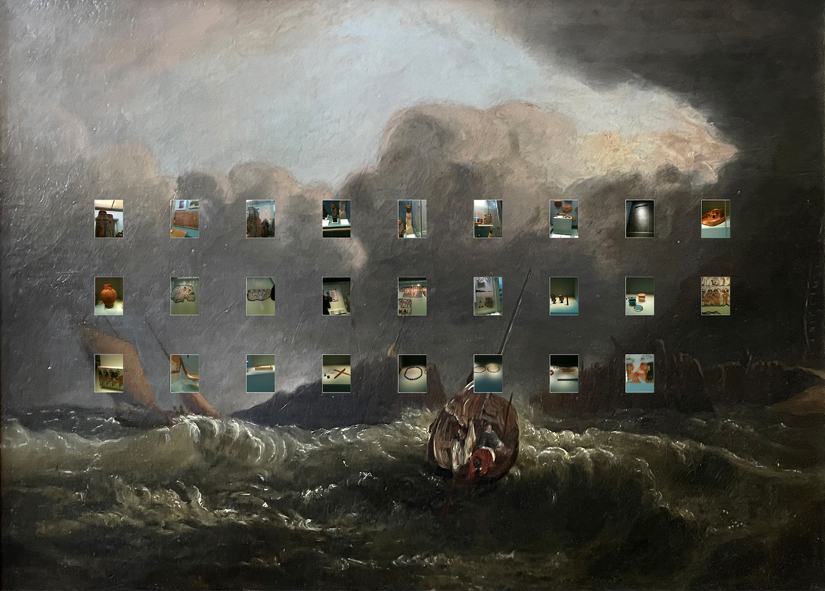 Three rows of nine images glued on top of an old painting of a boat in an ocean.