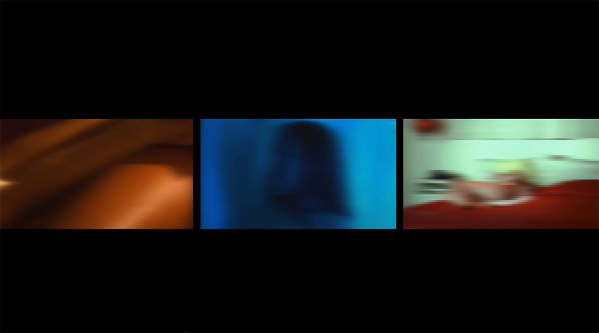 A video still of three blurred images in a row, against a black background.