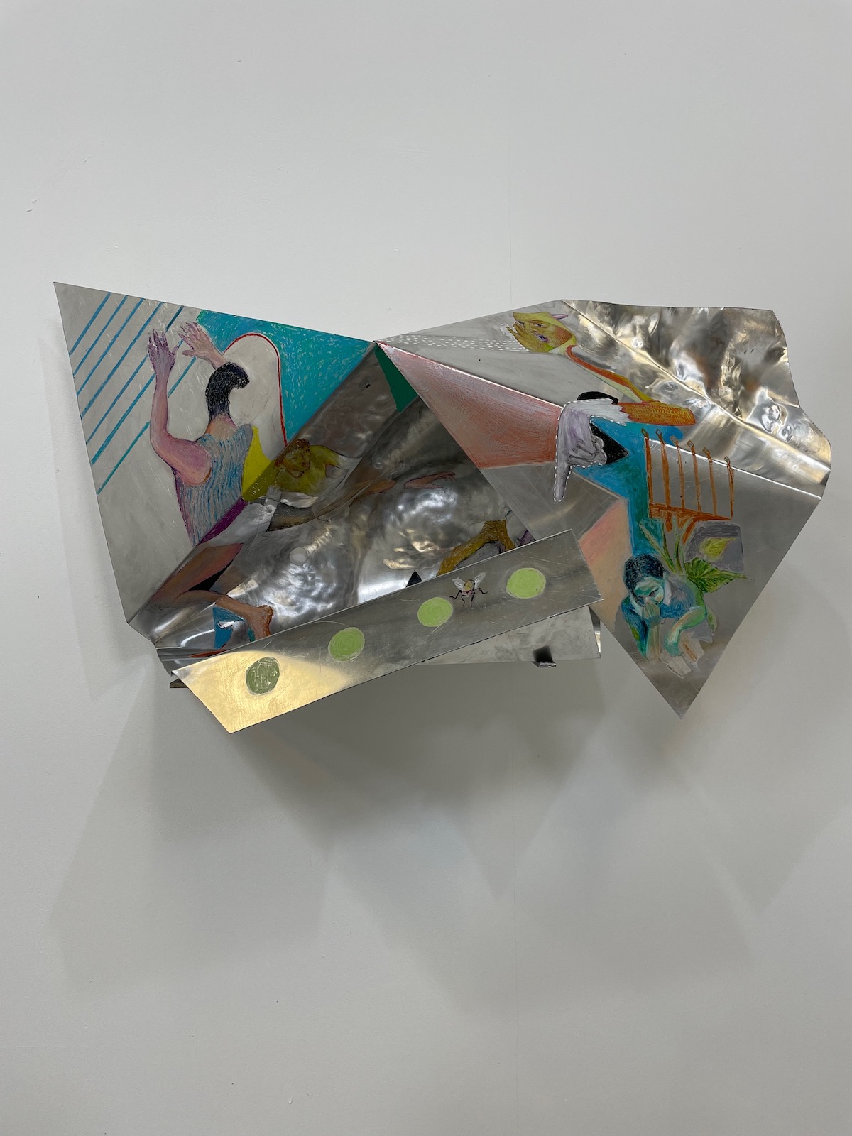  Hand-bent and bashed aluminium sheet sculpture with figurative-abstract drawings in oil pastels — of a game of Hide and Seek (Luka Chhupi). 