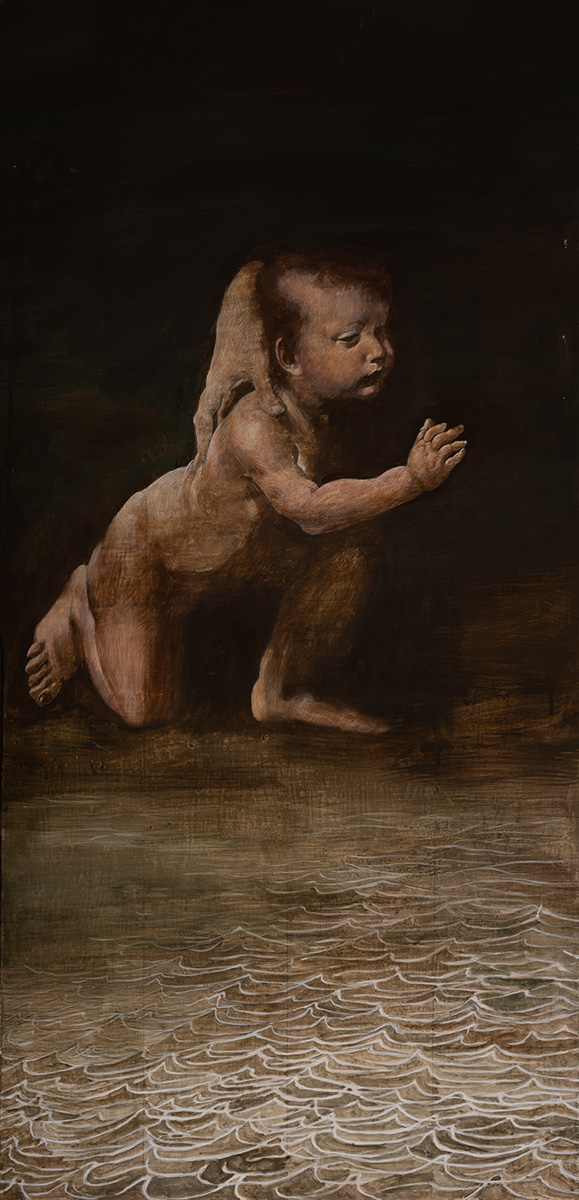 A painting of a baby above an ocean.