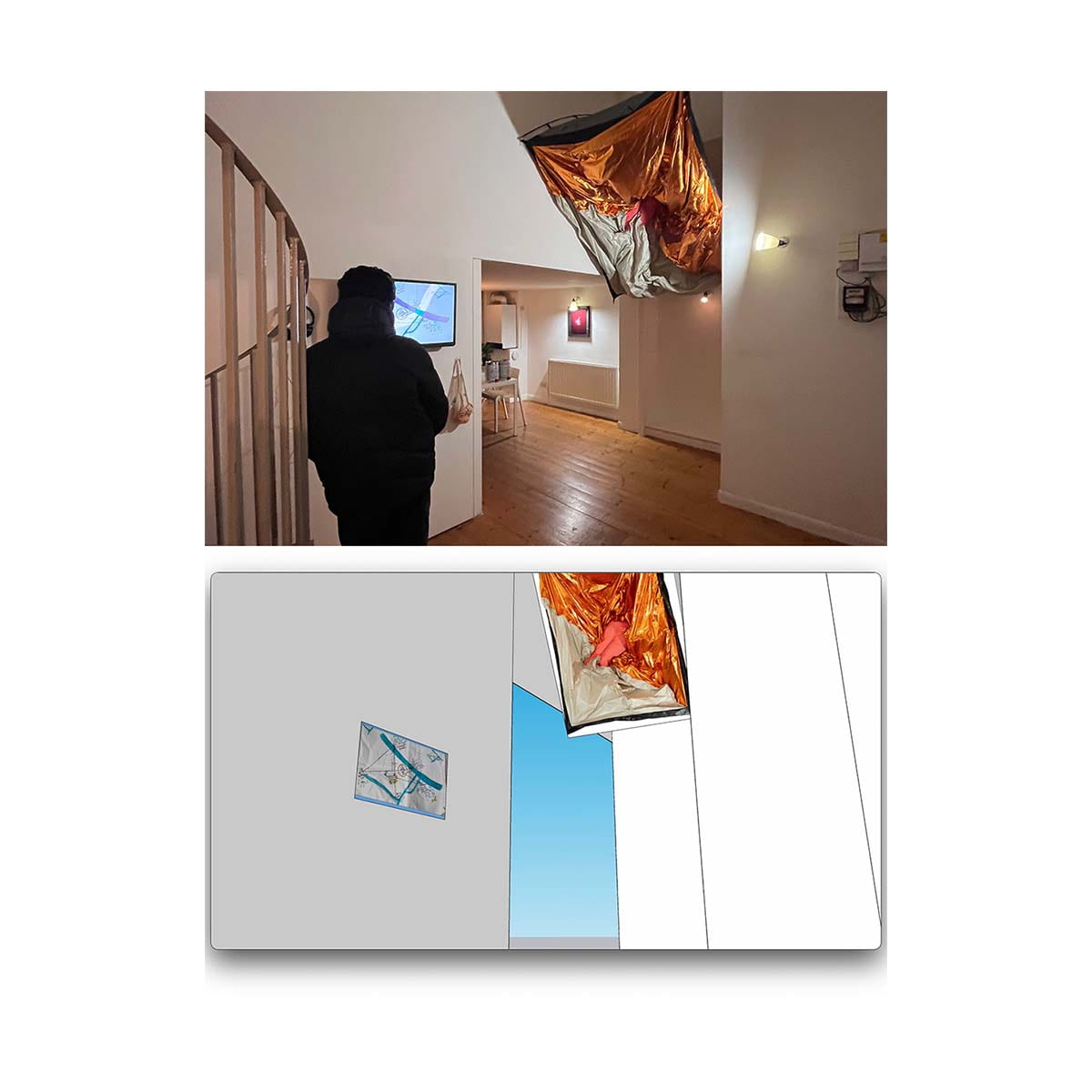 An image of a mock-up of the exhibition space, and an image of the actual space.