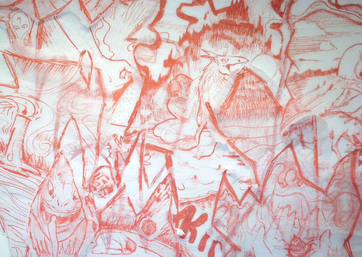 An image of a wall mural, drawn in red.
