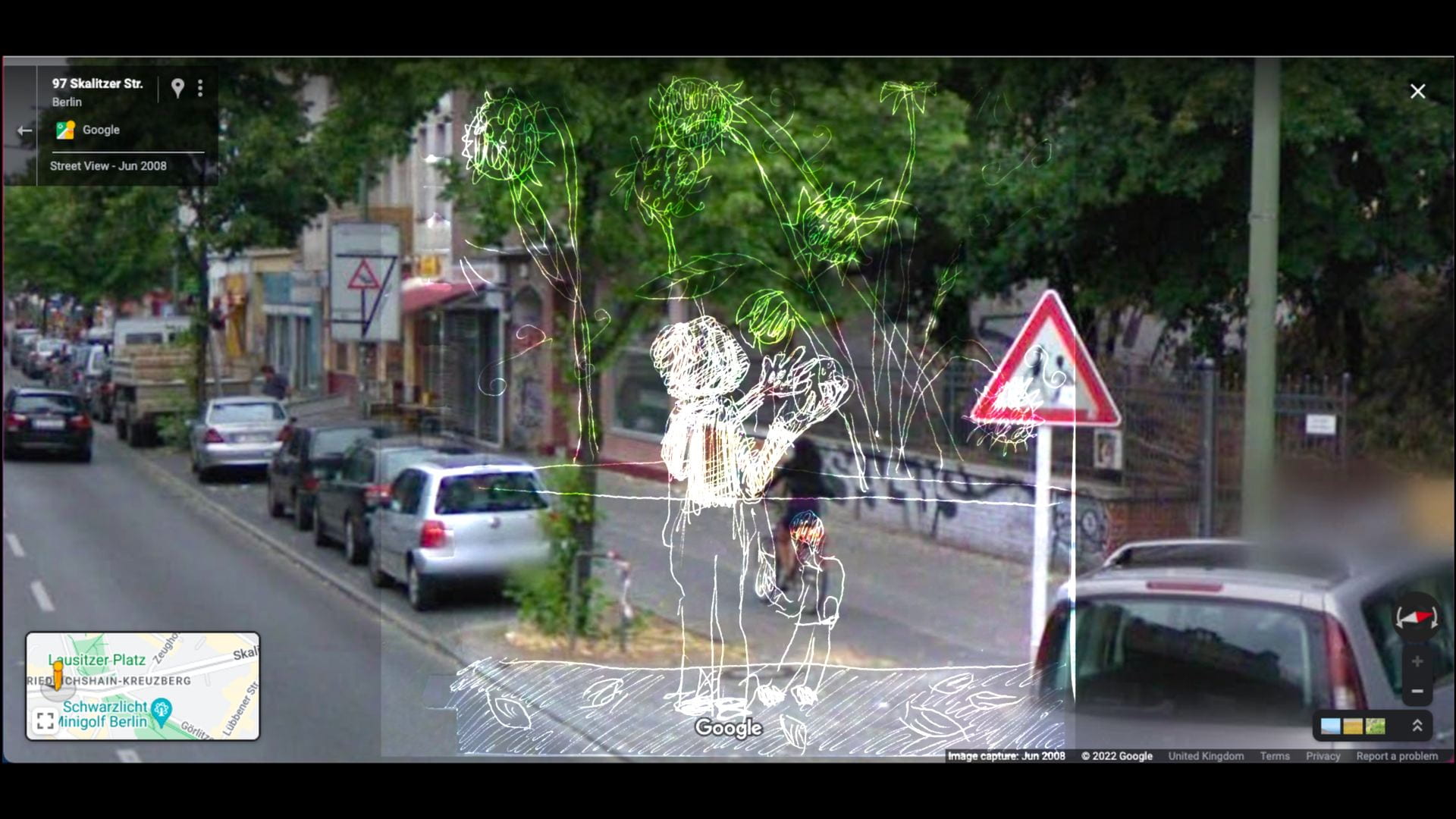 An image of a white drawing superimposed over a street scene.