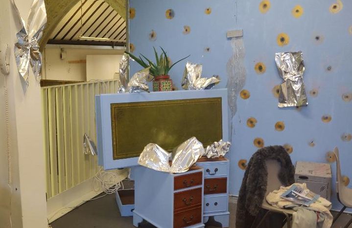 An image of a room painted baby blue, featuring drawers and potted plants.