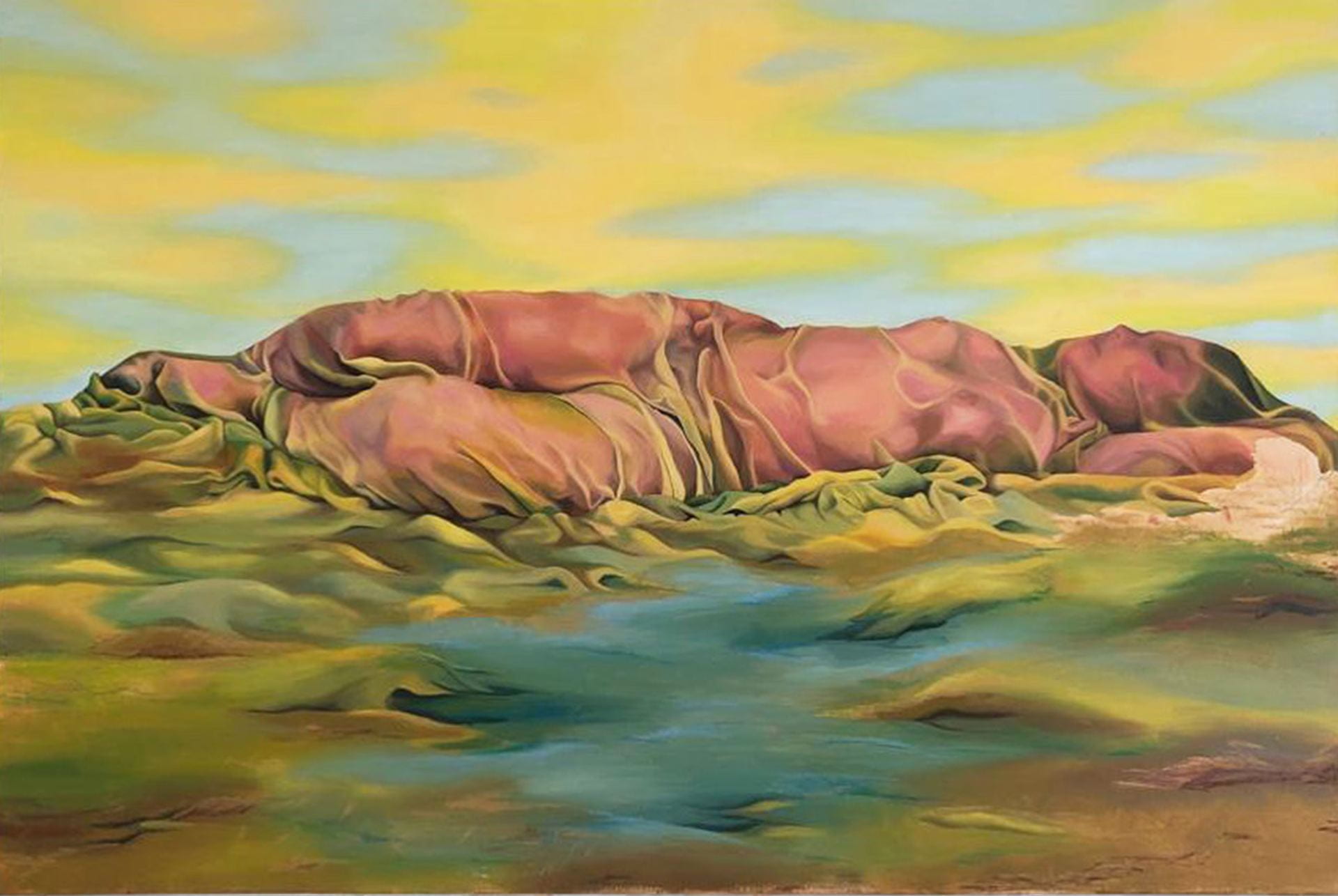 A painting of a sleeping figure lying on and merging into a green landscape.