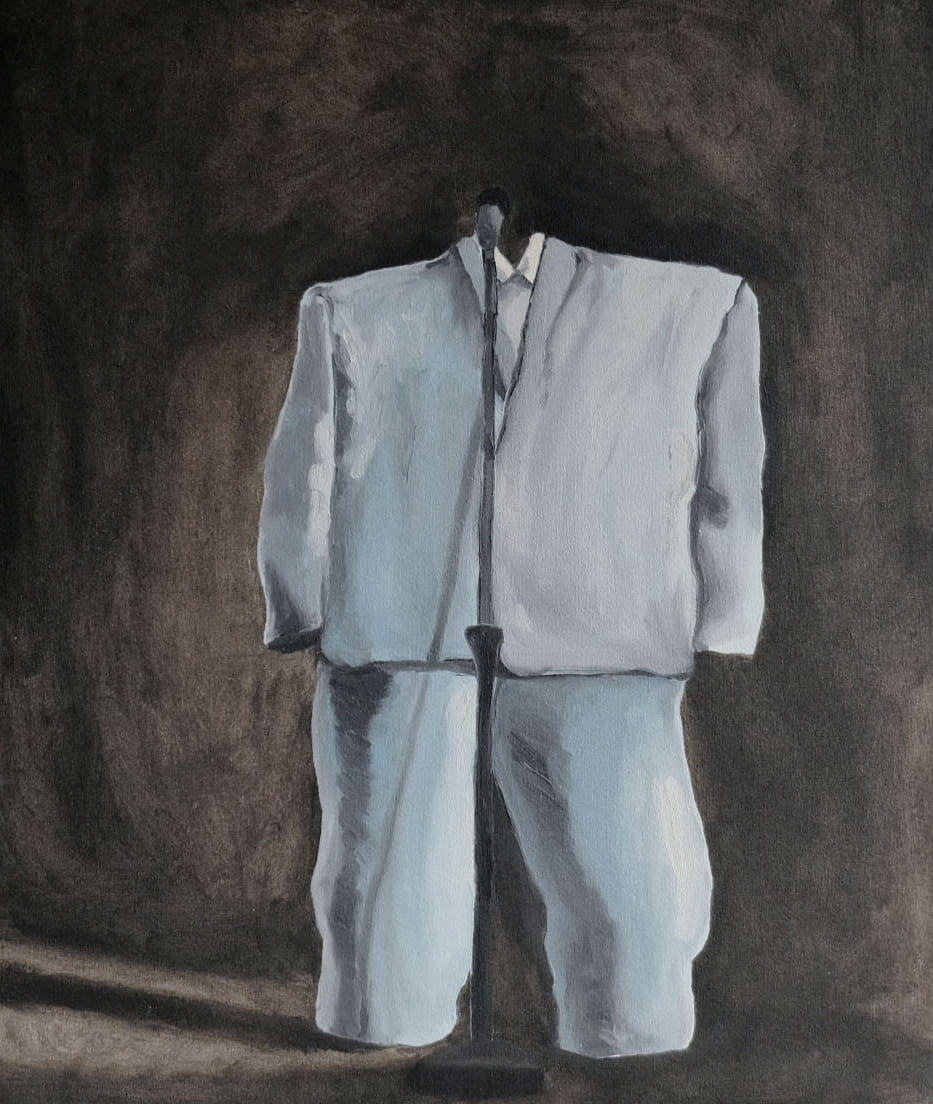 An oil painting of an empty gray suit standing against a black background.