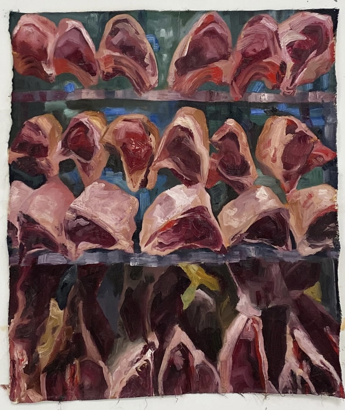 An oil painting of the window display of beef at the Hampstead Butcher.