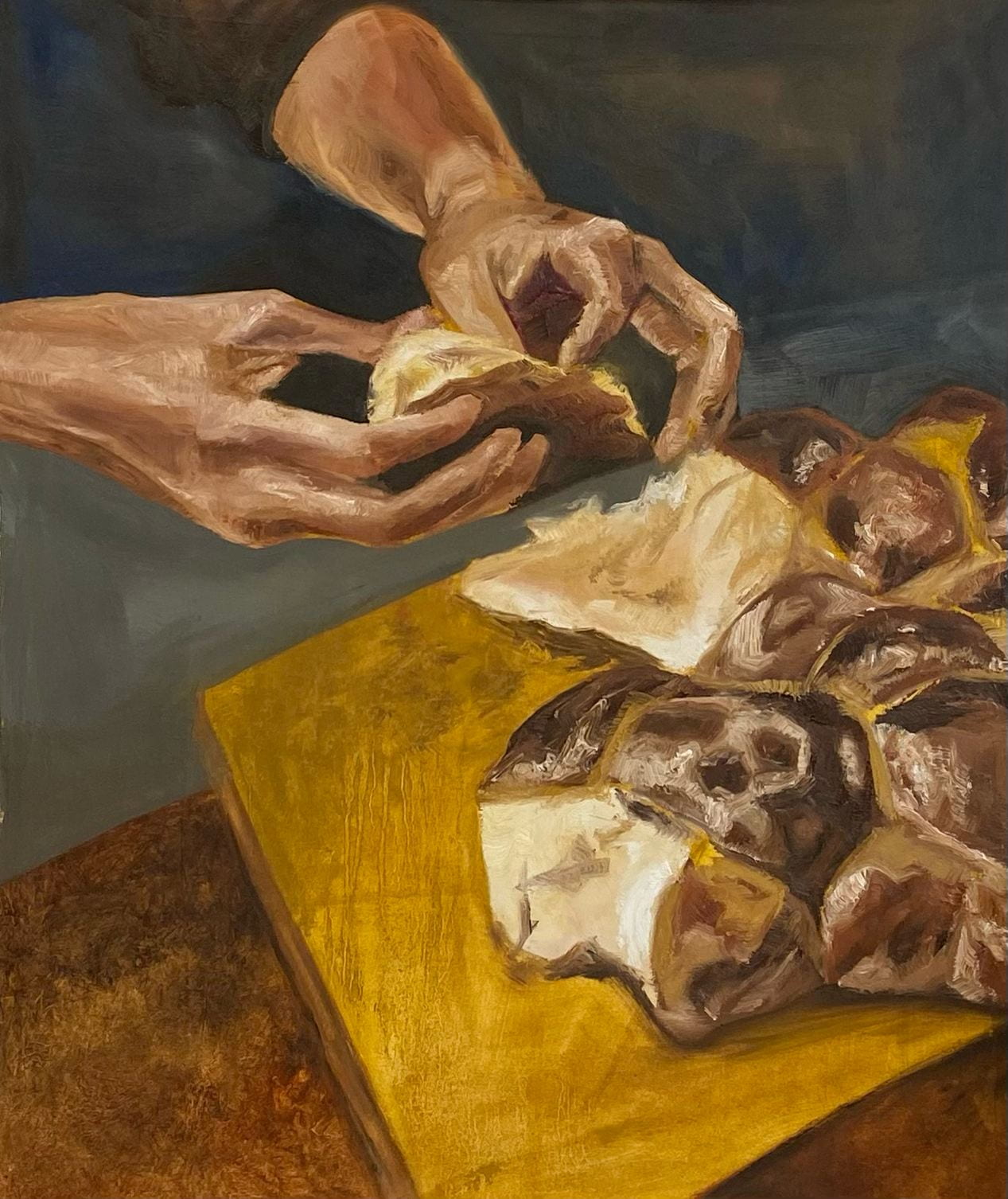 An oil painting of sharing a loaf of Challah.