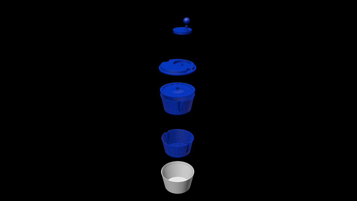 A still from a video of a 3D model of a blue salad spinner.