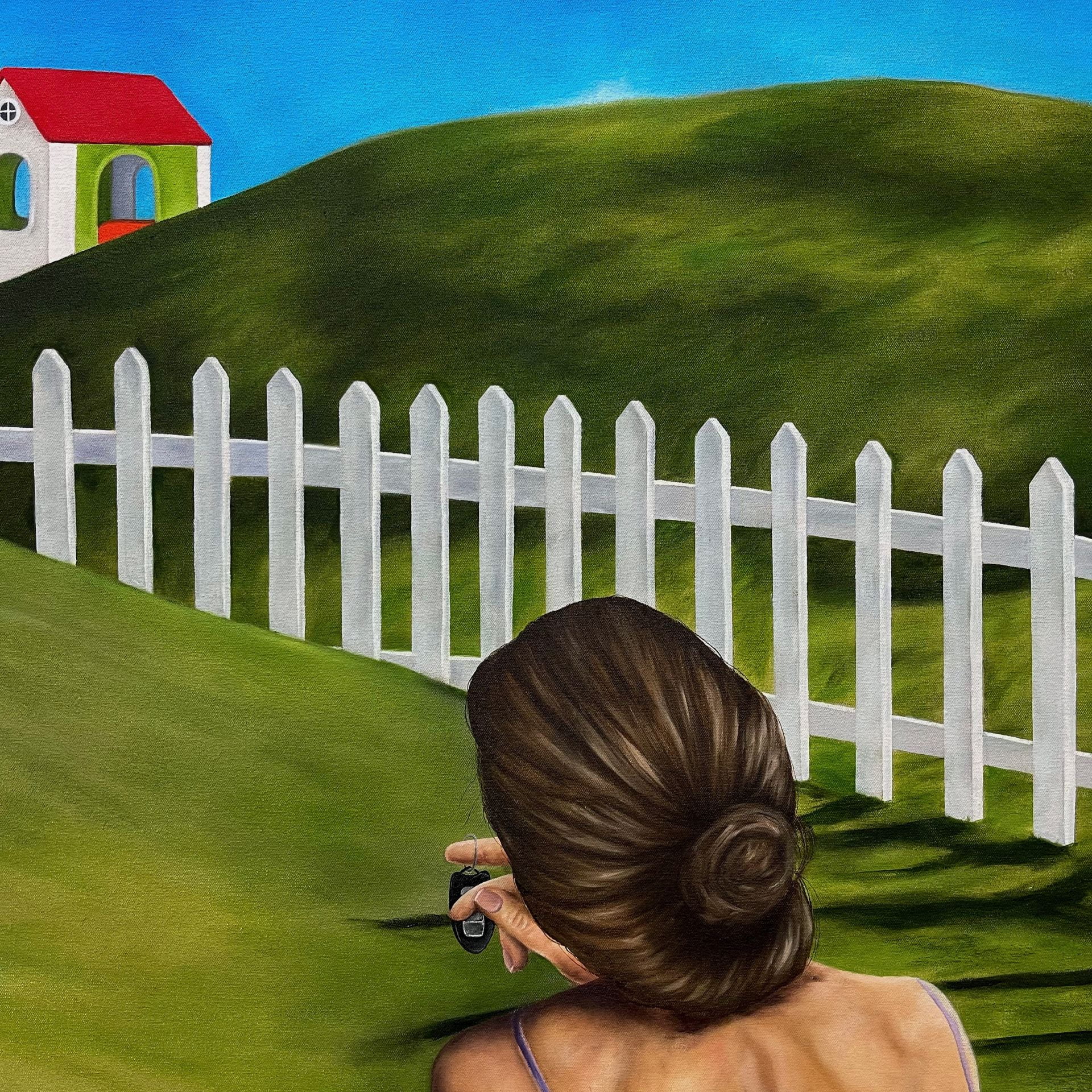 A painting of the back of a woman in a grassy landscape, holding a pair of carkeys.