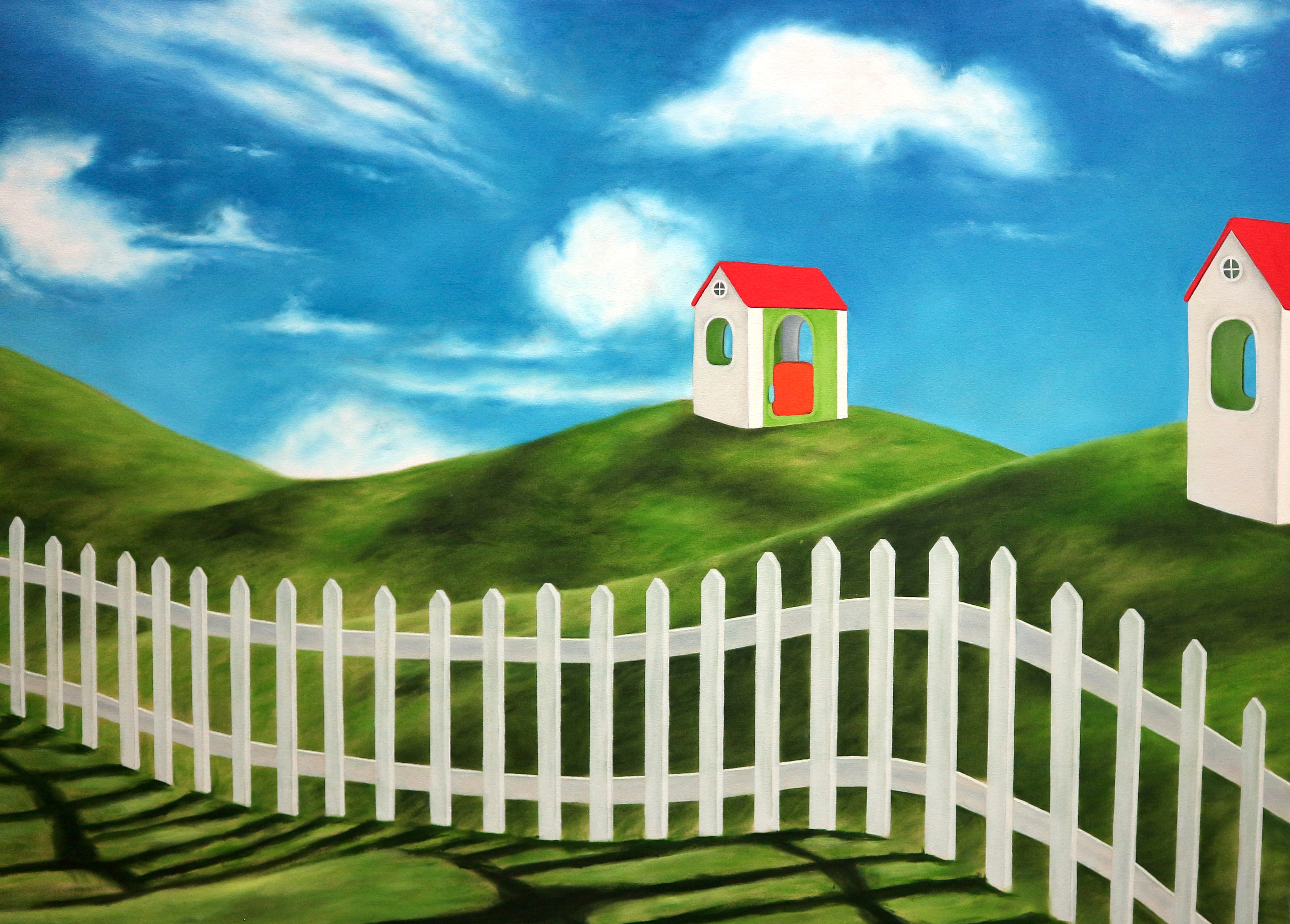 A painting of a grassy landscape containing a white fence and children's playhouses.