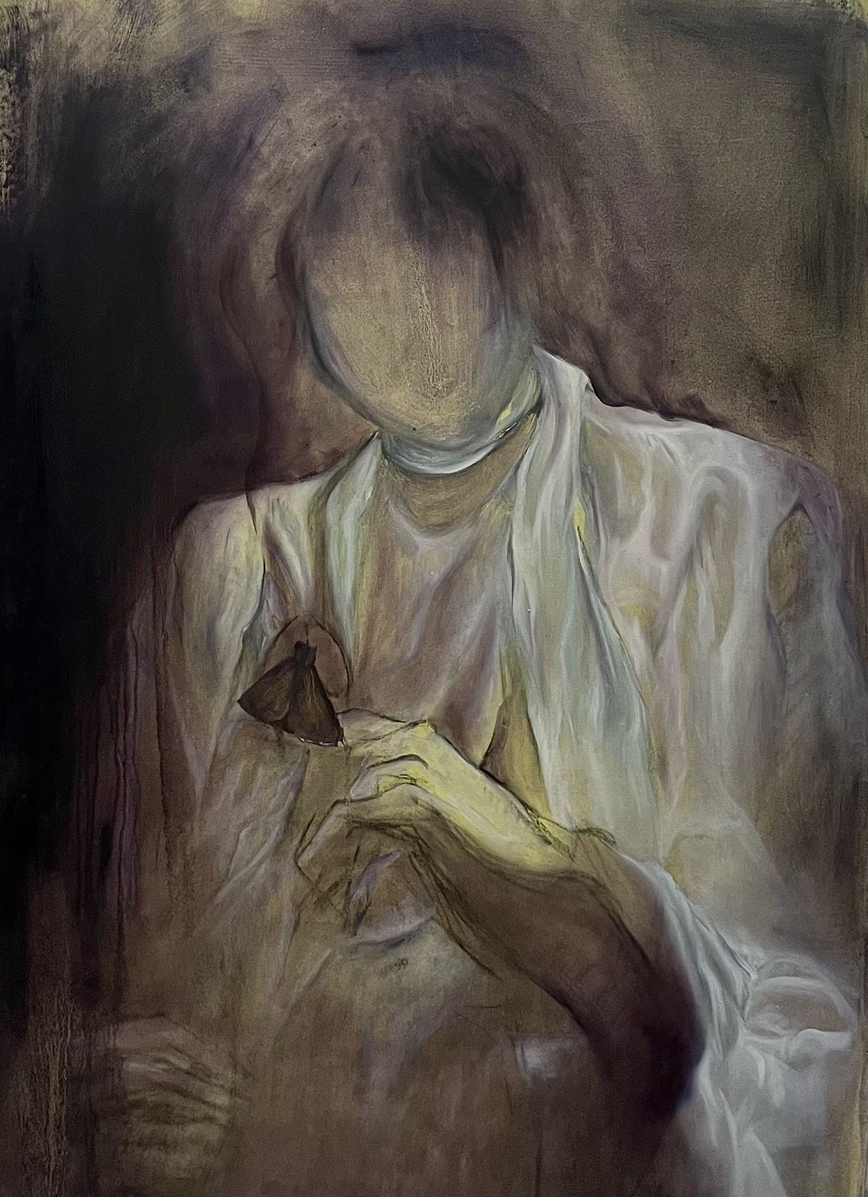 A dark painting of a faceless person dressed in white and touching a moth.