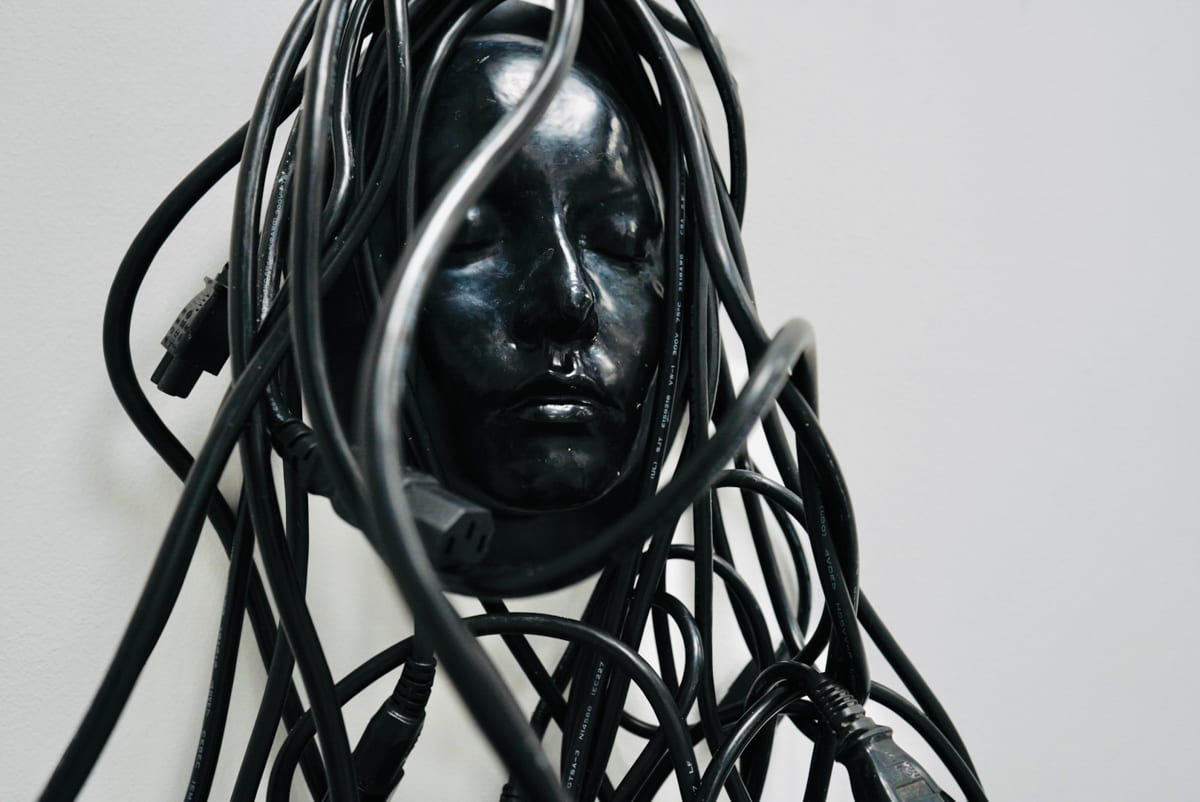 An image of a sculpture made from black wires upholding a black, plastic human head.