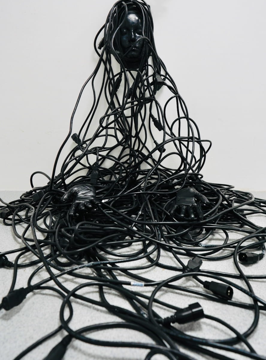 An image of a sculpture made from black wires upholding a black, plastic human head.