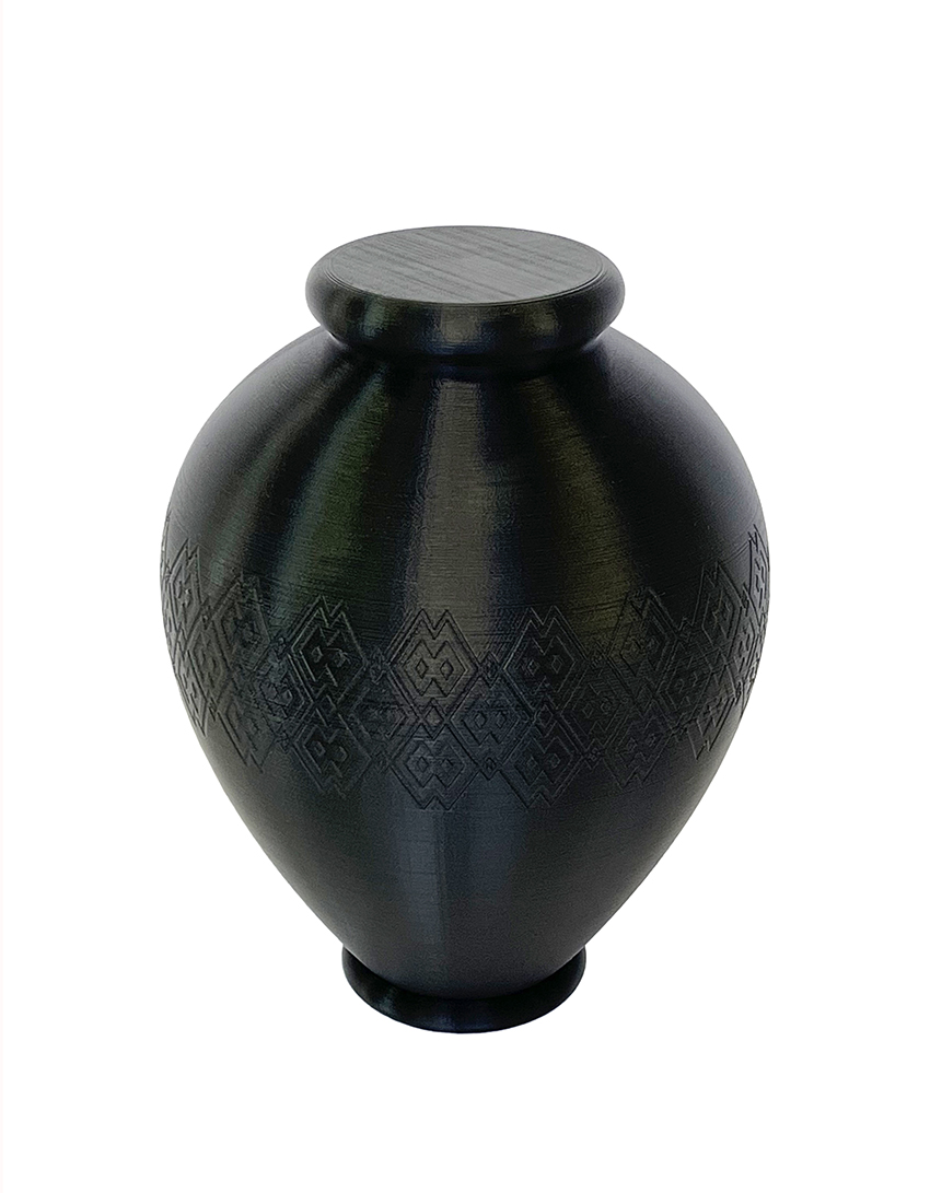 An image of a black, 3D printed vase.