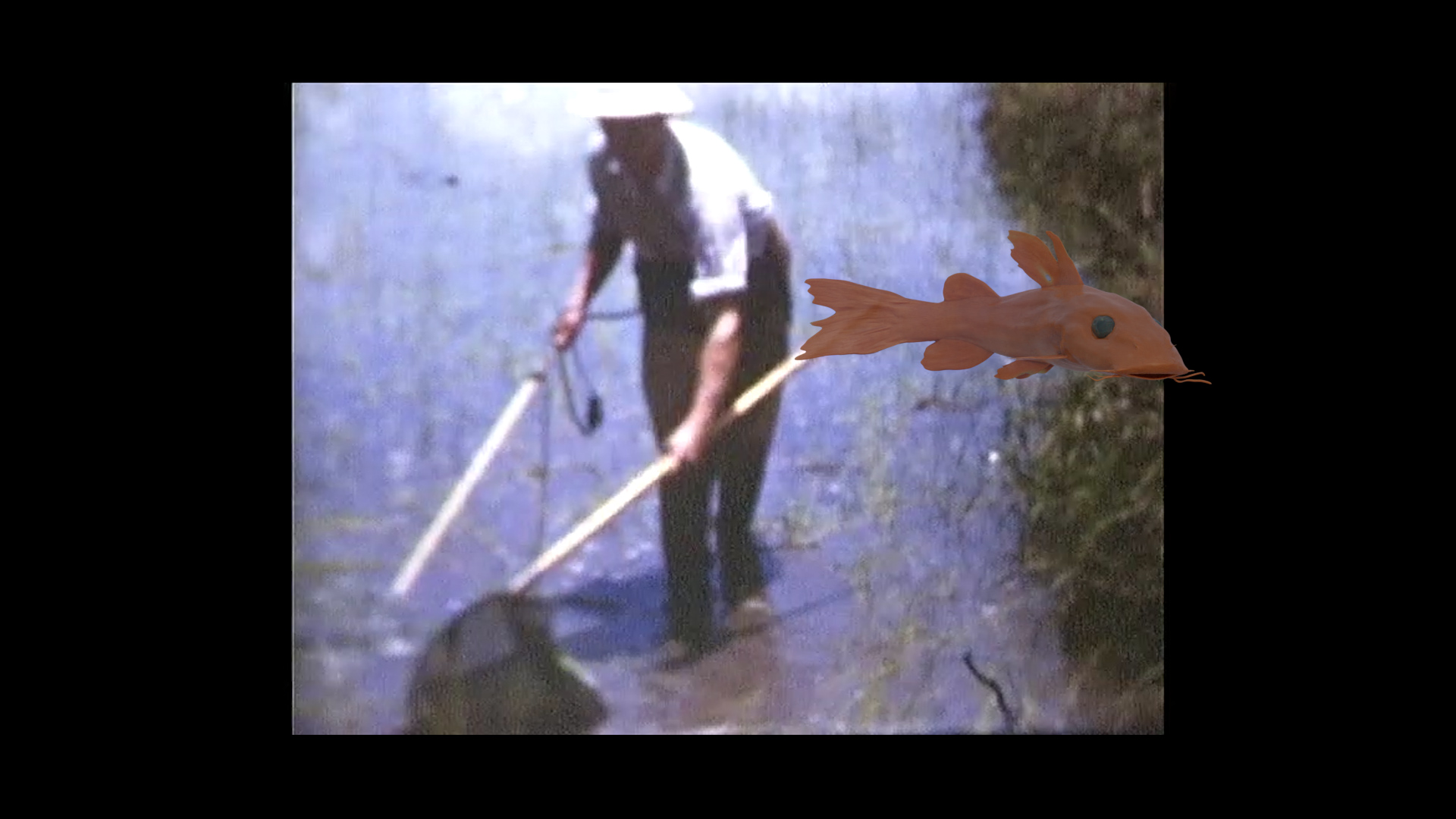 An image of a CGI fish swimming in front of a grainy found image of a fisherman.