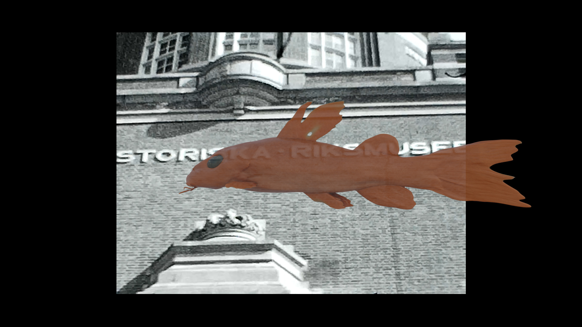 An image of a CGI fish swimming in front of a grainy found image of a building.