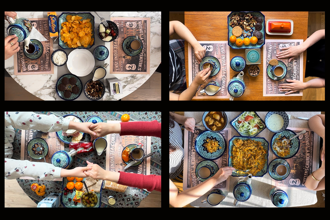 Four video stills of birds-eye-views of tables where people are sharing tea.