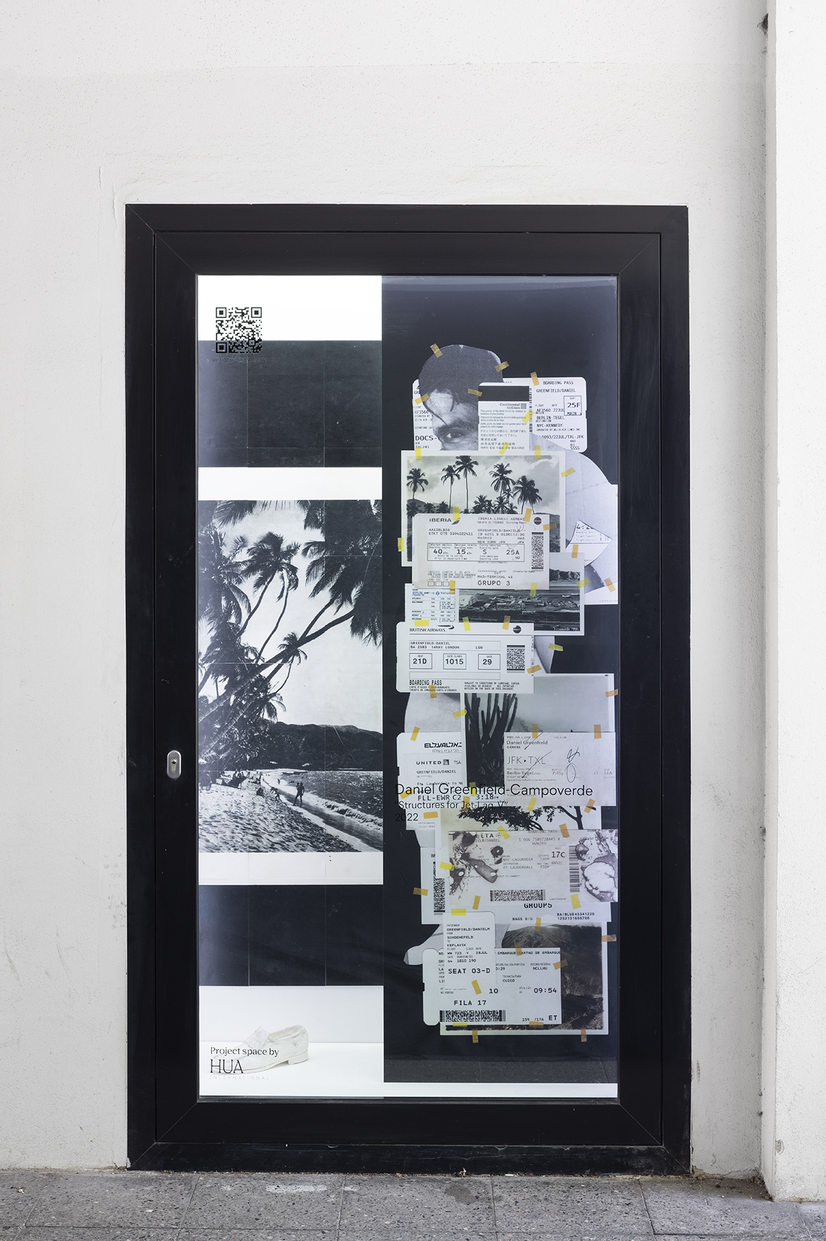 An image of a door plastered with various airline tickets.