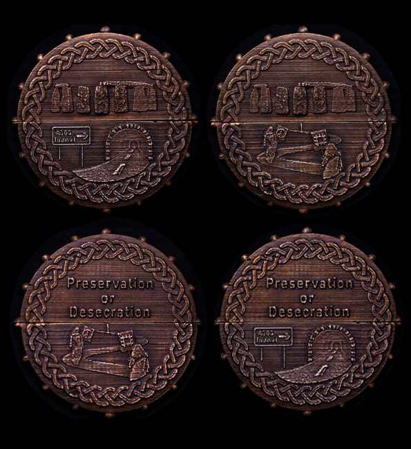 A bronze cast art medal in a spherical shape with a rotational horizontal axis. Upper halves
depict Stonehenge and ‘Preservation or Desecration’, while the lower ones display the A303 tunnel and druids proceeding up a path.