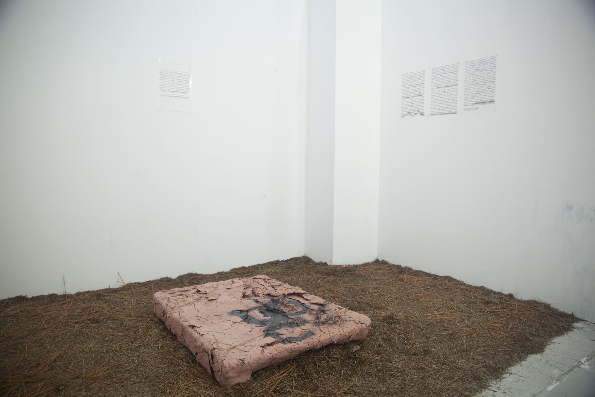 An image of a sculpture on a floor made of compressed straw and mud.