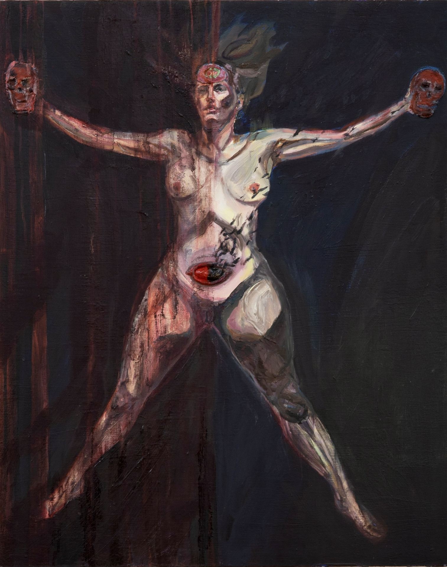 A painting of a naked woman holding two skulls.
