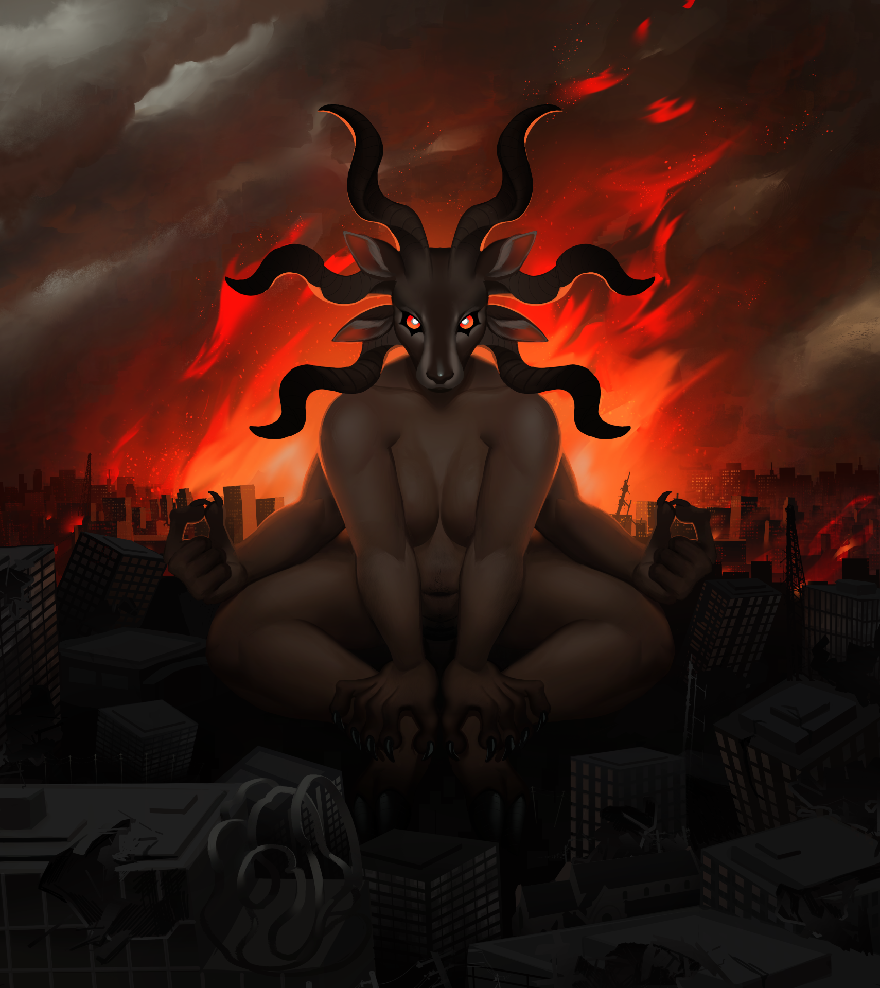 A digital image of a deity sitting among a burning city.