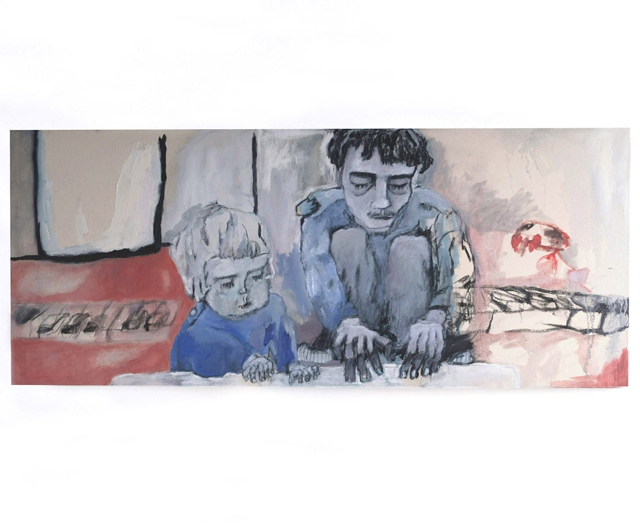 A painting of two people sitting on the floor.