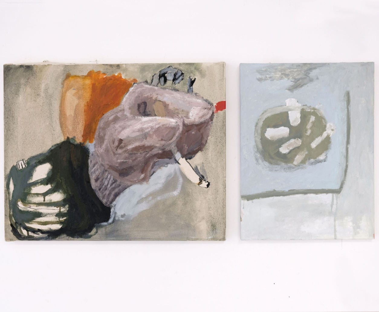 Two paintings of a hand holding a cigarette and an ashtray.
