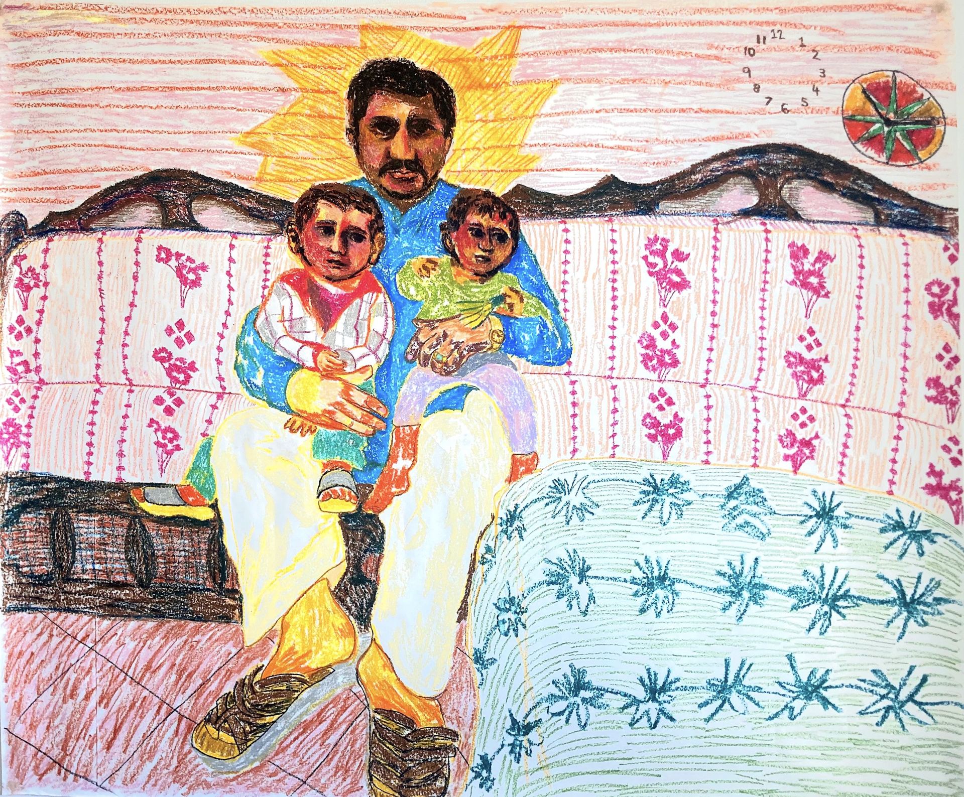 An oil pastel drawing of a man with two children sitting on his lap, surrounded by patterned fabrics and furniture. 