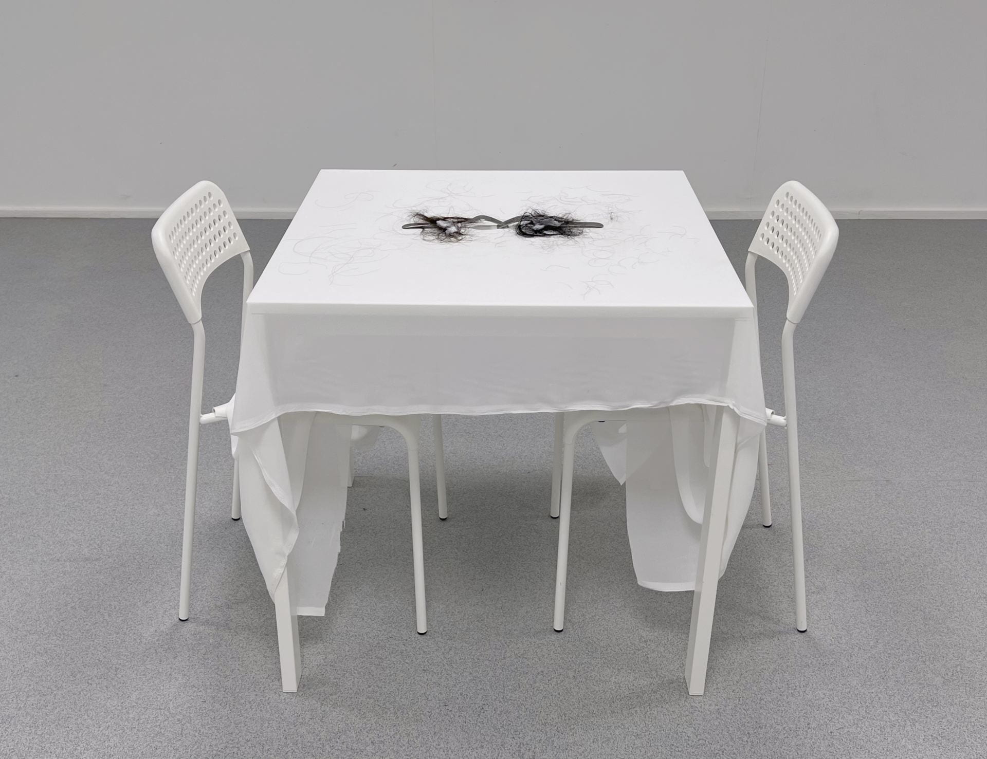 An image of hair on a white table with two chairs.