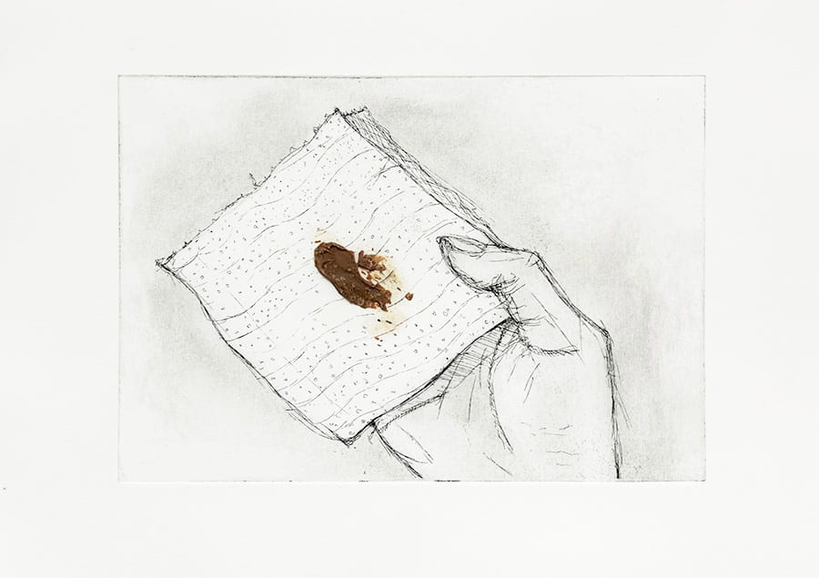 An etching of a sheet of toilet paper with brown poo on it.