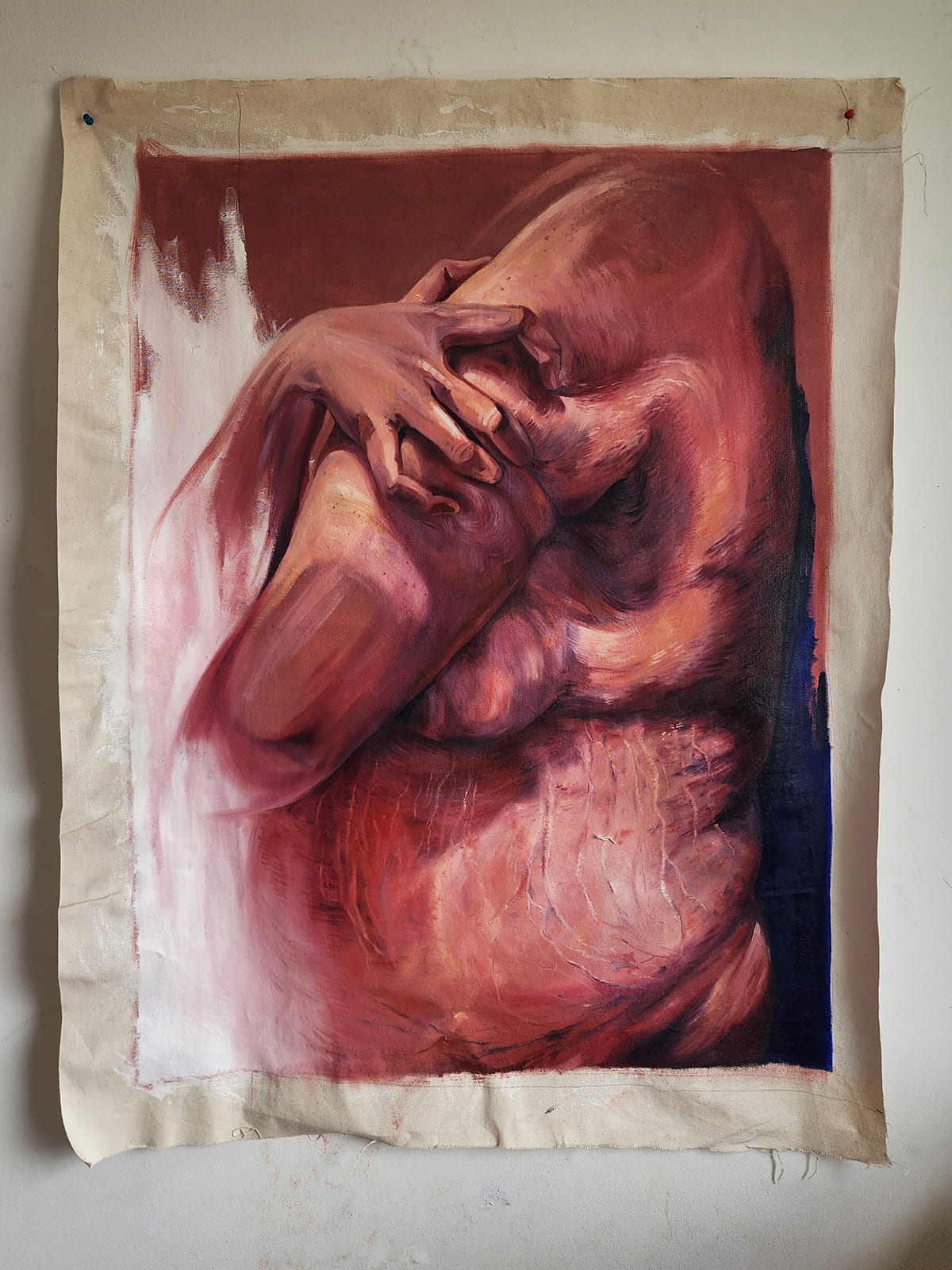 An oil painting of a person's body.