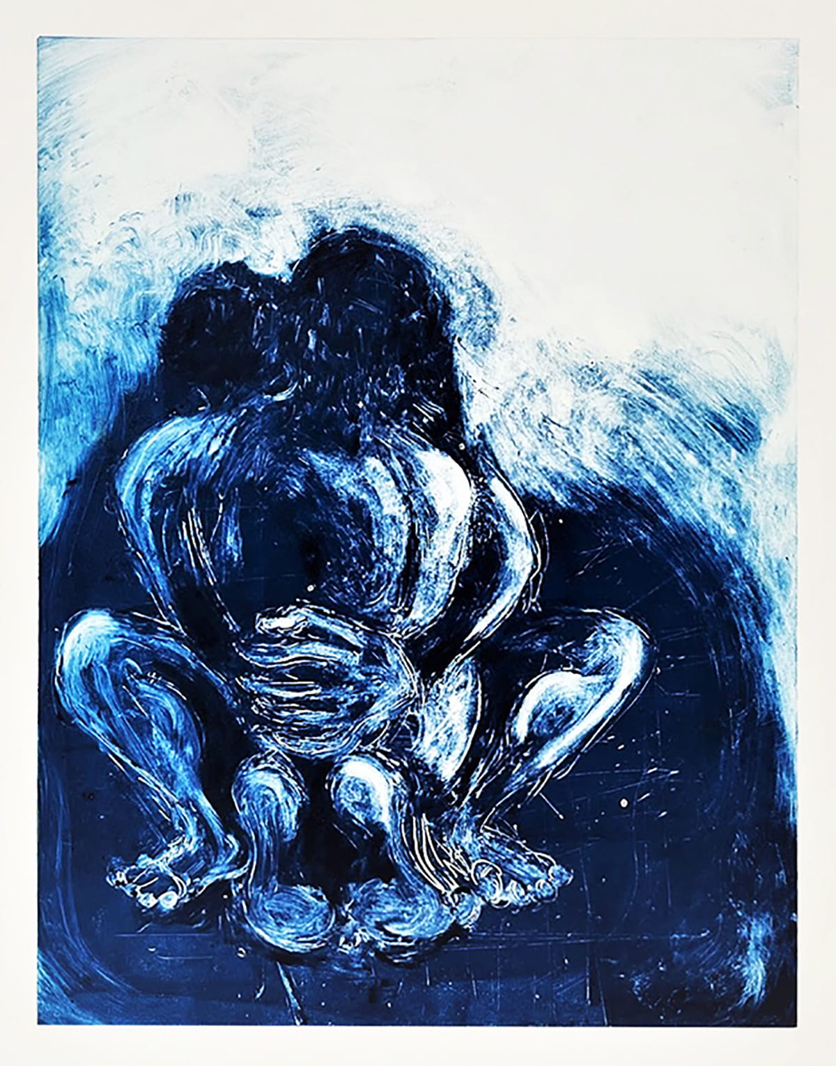 A blue mono print of a person squatting.