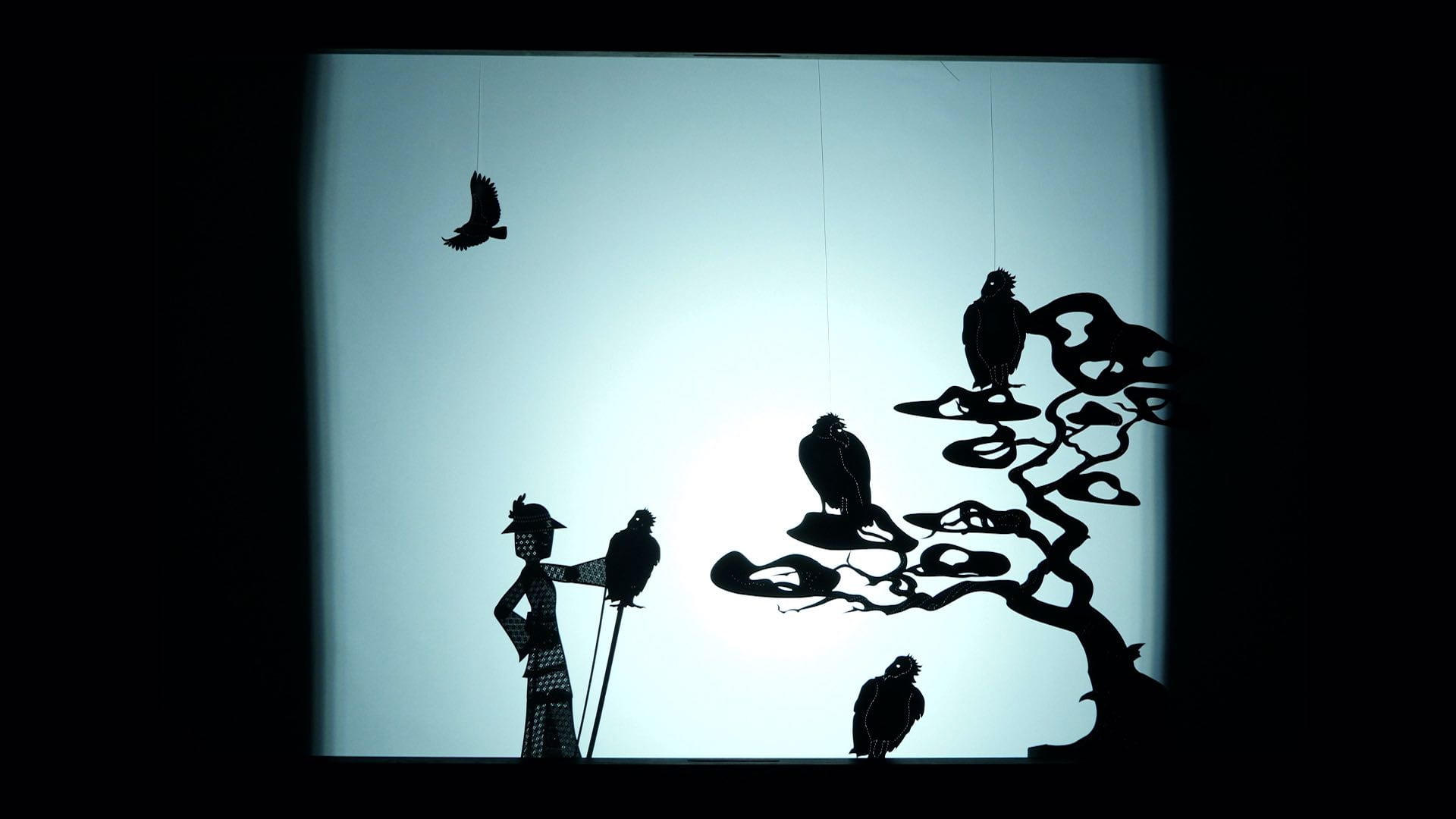 Stills from puppet raised, a video work that includes Puppet Raised Whooping Cranes, Puppet Raised California Condors, Puppet Raised Javan Green Magpies, and Empty Nesters.