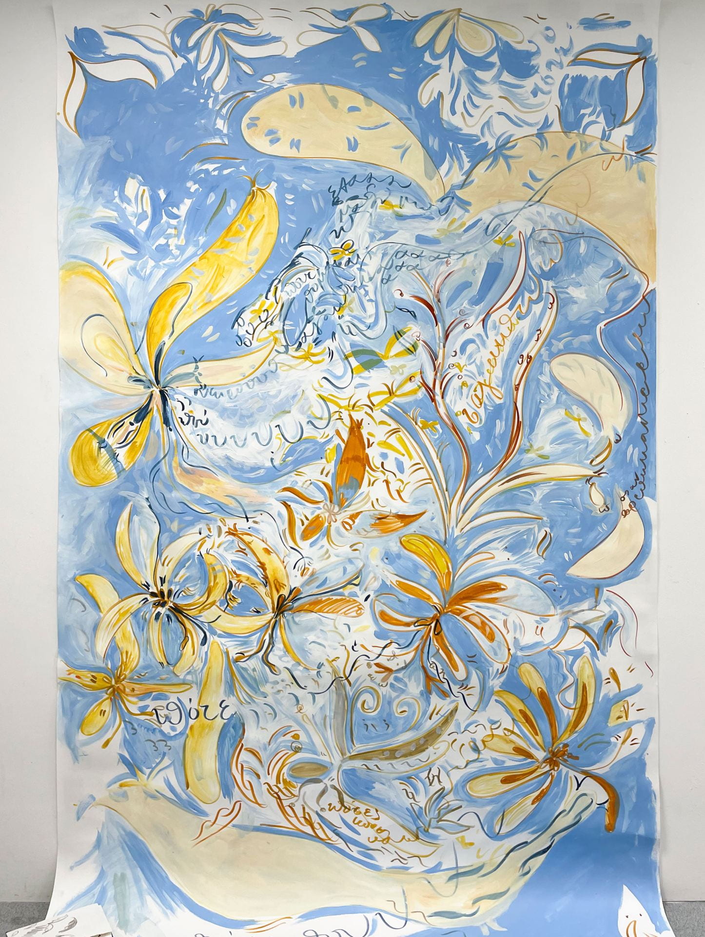An abstracted ink drawing of yellow flowers.