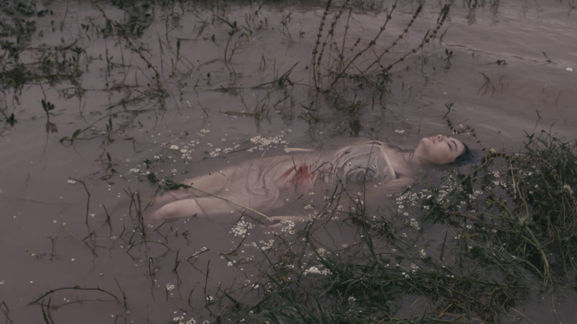 An image of a person in a body of water in a dress with a wound.