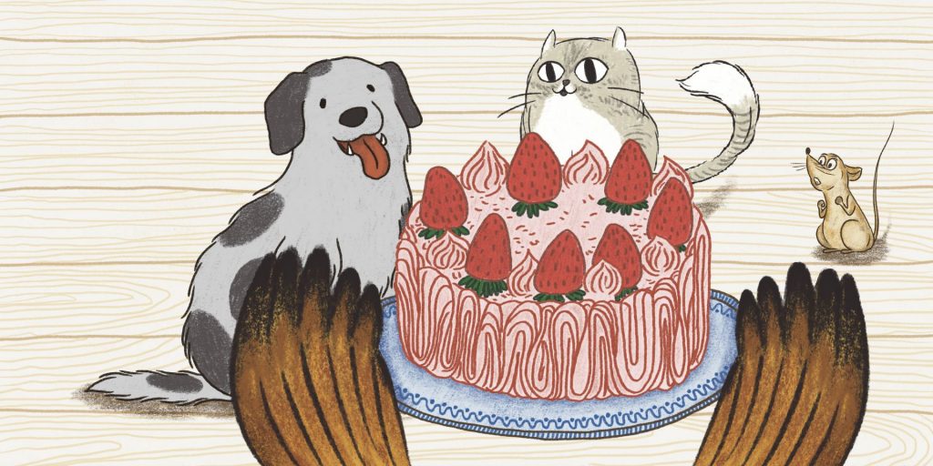 A dog, cat and mouse sit round a stawberry cake