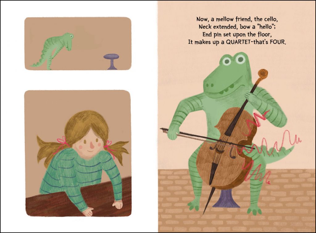 Crocodile playing violin with girl