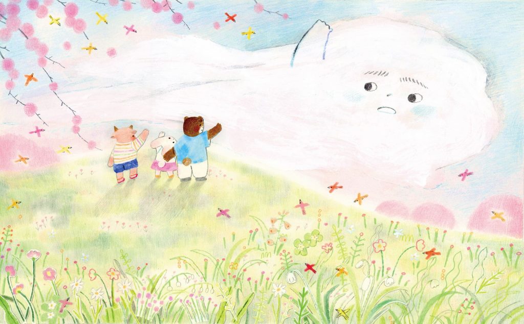 The Winter Wind creature waves goodbye to the ram, rabbit and bear. The grass is green and full of butterflies.