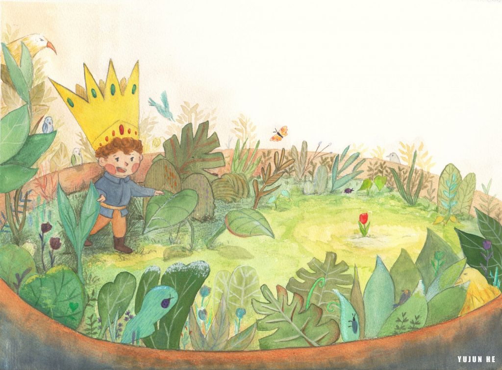 A small boy with a crown on walks through leaves. A red flower is in a clearing 