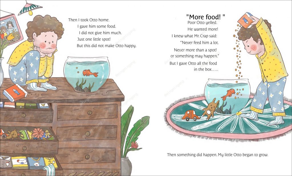 A boy looks sat at his fish in the fish bowl. The boy pours lots of food into the fish bowl
