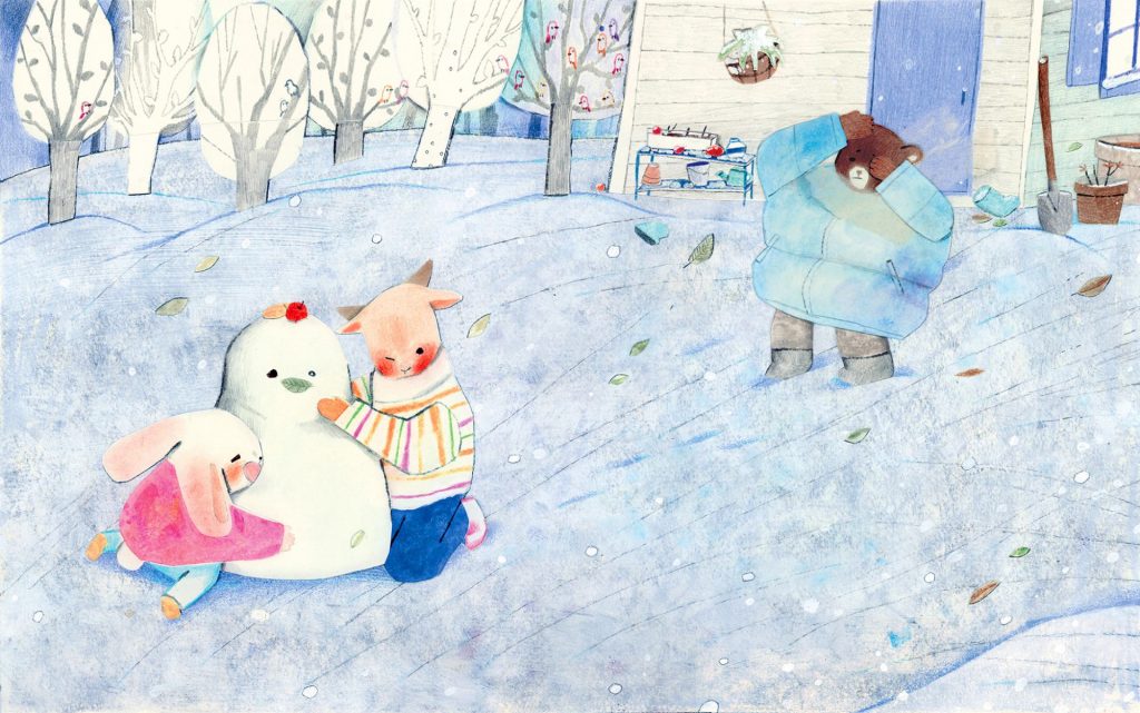 A bear, ram and rabbit are building a snowman outside in the snow. There is a wind blowing against the bear.