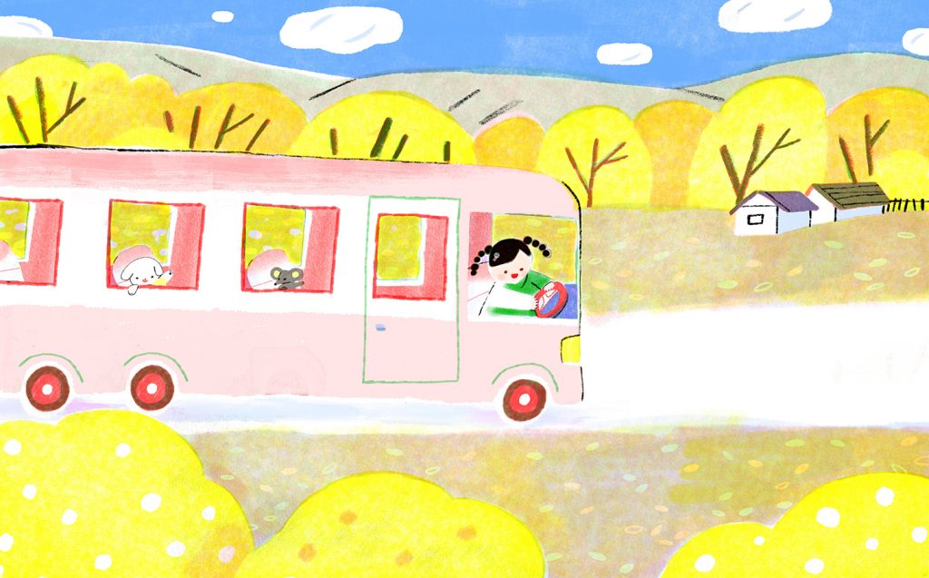 A dog, mouse and girl on a bus