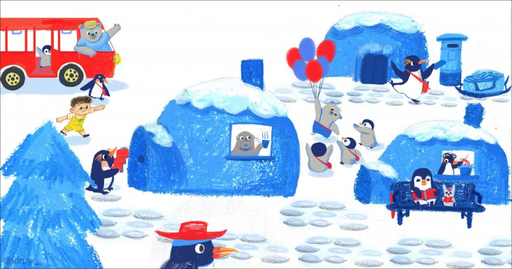 A bus of animals stops at a group of igloos with penguins 
